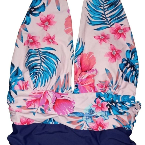 CUPSHE Navy Floral Deep V-neck Halter One-Piece Swimsuit Sexy Backless L… - Picture 2 of 9